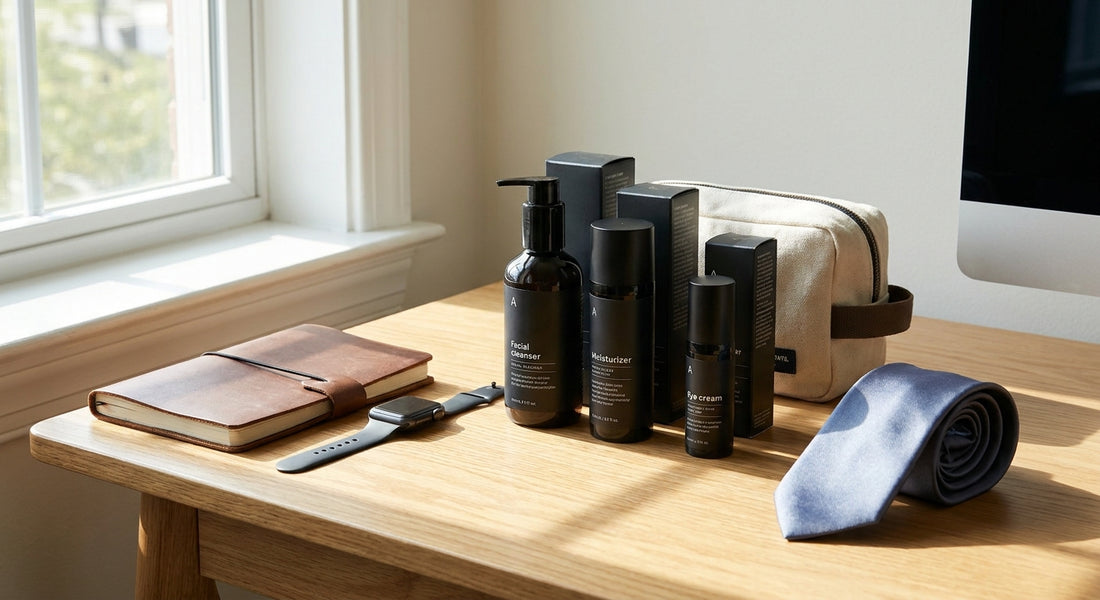 Skincare set for men prepping for a new job