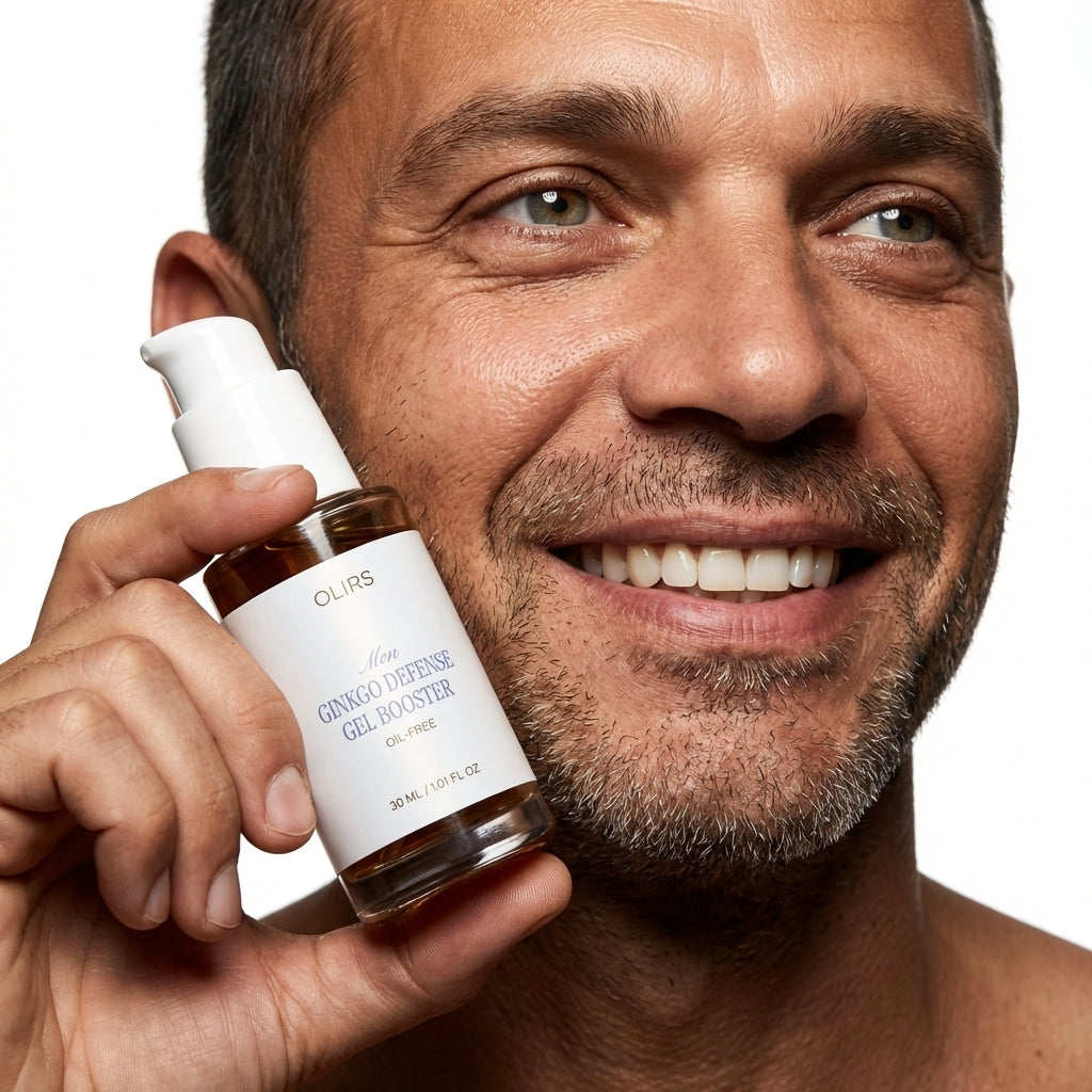 Man holding OLIRS Ginkgo Defense Gel Booster - Close-up portrait
