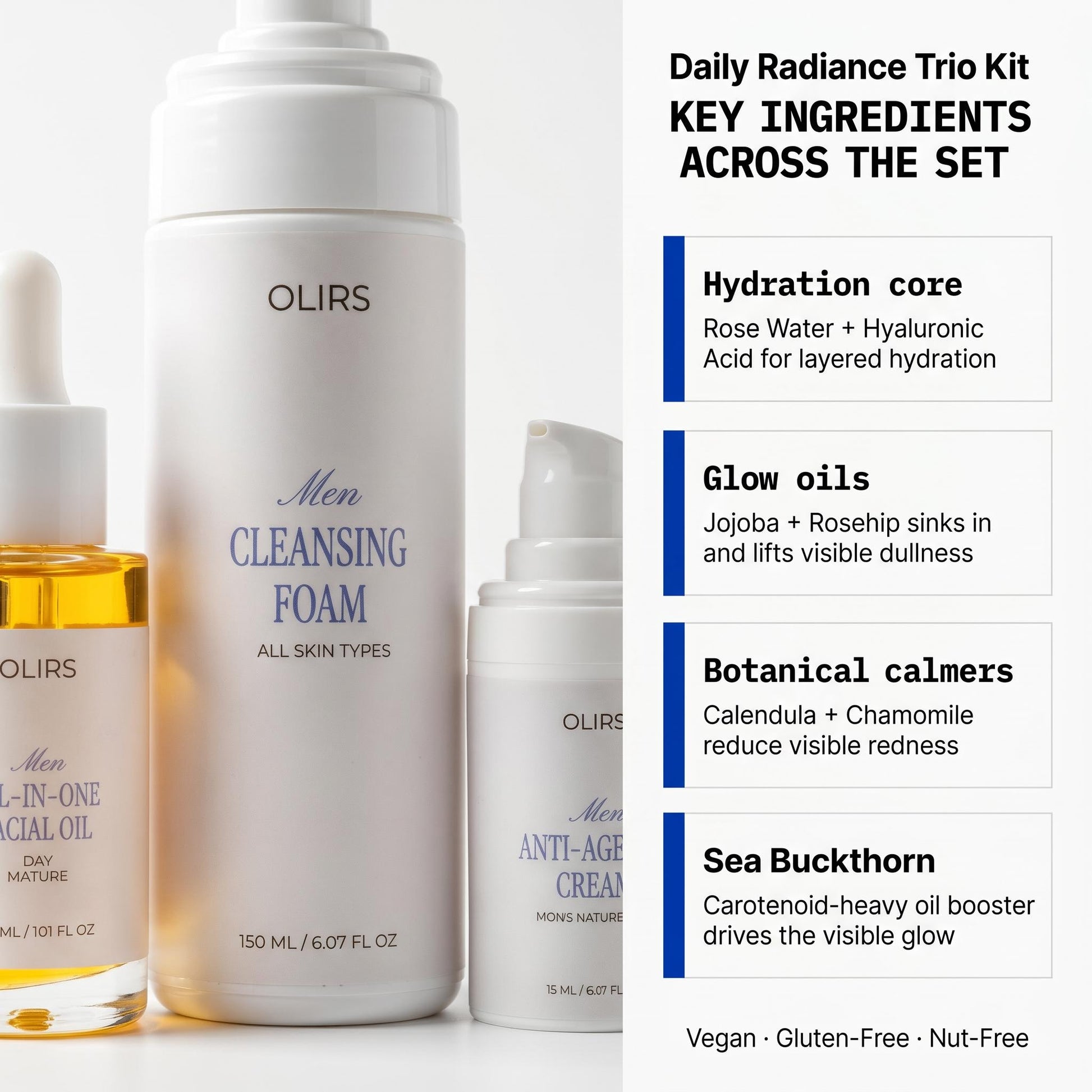 Daily Radiance Trio Kit - Bundle Ingredients | OLIRS Men's Skincare
